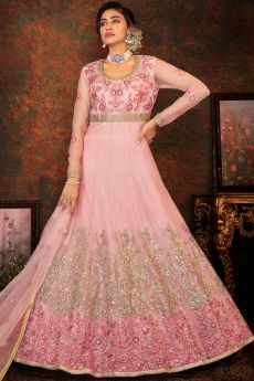 Pink Net Embroidered Anarkali Dress With Dupatta