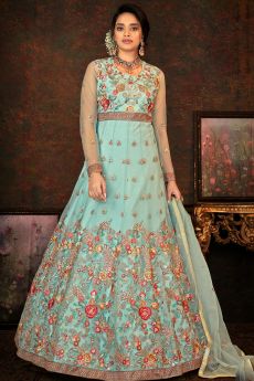 Pastel Blue Net Embroidered Anarkali Suit With Dupatta