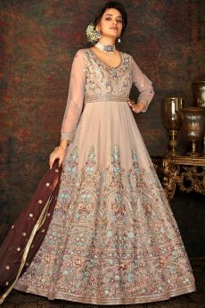 Light Brown Net Embroidered Anarkali Suit With Dupatta