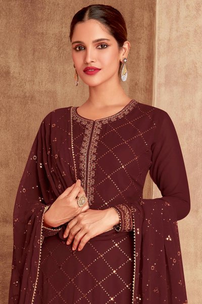Maroon Georgette Embroidered Long  Kurti With Skirt