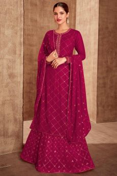Pink Georgette Embroidered Long  Kurti With Skirt