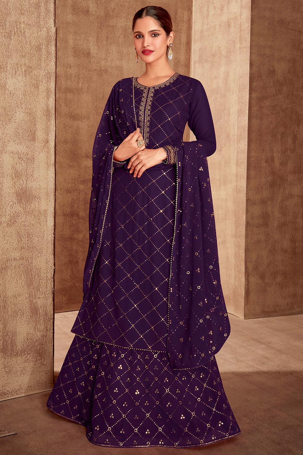 Purple Georgette Embroidered Long  Kurti With Skirt