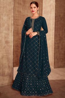Teal Georgette Embroidered Long  Kurti With Skirt