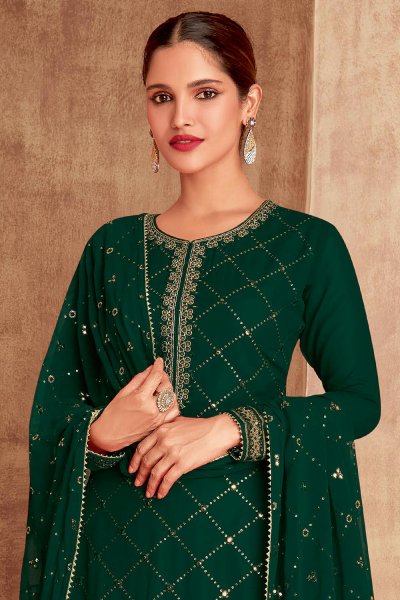 Dark Green Georgette Embroidered Long  Kurti With Skirt