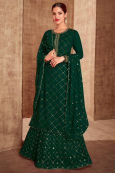 Dark Green Georgette Embroidered Long  Kurti With Skirt