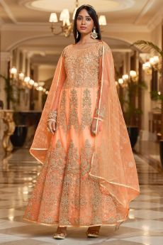 Coral Net Embellished Anarkali Dress With Dupatta