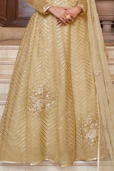 Light Gold Net Embellished Anarkali Dress With Dupatta