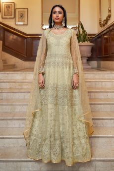Ivory Net Embellished Anarkali Dress With Dupatta