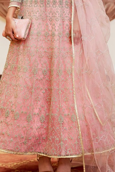 Light Pink Net Embellished Anarkali Dress With Dupatta