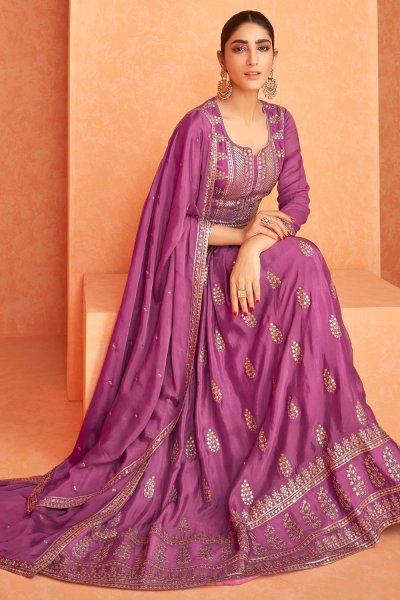 Purple Georgette Embellished Anarkali Suit With Dupatta