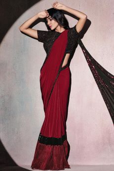 Ready To Wear Dark Red Pre Stitched Lycra  Embellished Saree