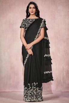 Ready To Wear Black Pre Stitched  Silk  Embellished Saree
