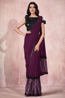 Ready To Wear Plum Pre Stitched Lycra  Embellished Saree