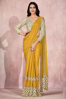 Ready To Wear Mustard Yellow Pre Stitched Lycra  Embellished Saree