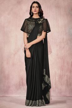 Ready To Wear Black Pre Stitched Lycra  Embellished Saree