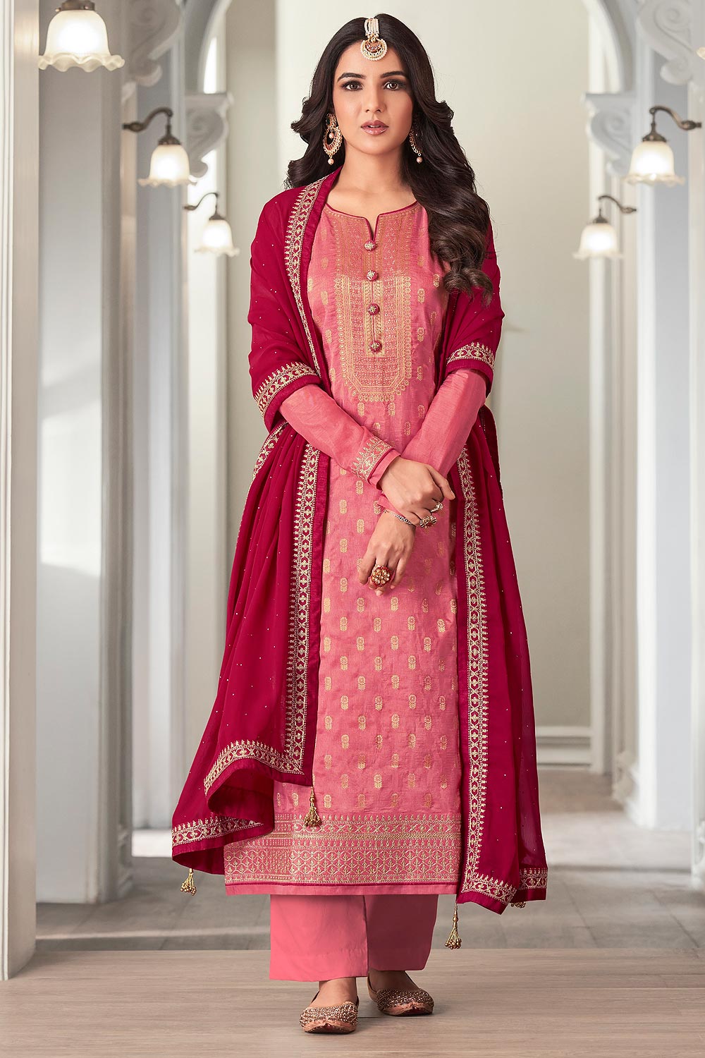 Pink Jacquard Silk Embellished Suit