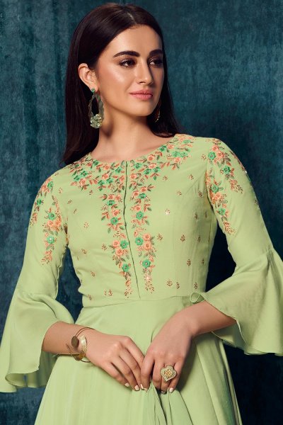 Ready To Wear Pastel Green Designer Satin Embellished Anarkali Dress With Dupatta