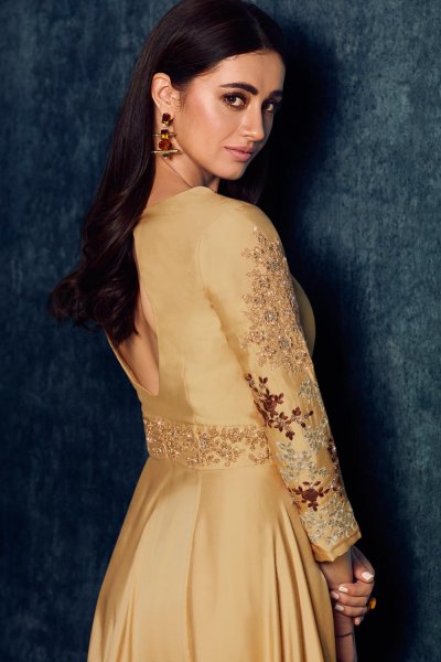 Ready To Wear Gold Beige Designer Satin Anarkali Dress With Dupatta