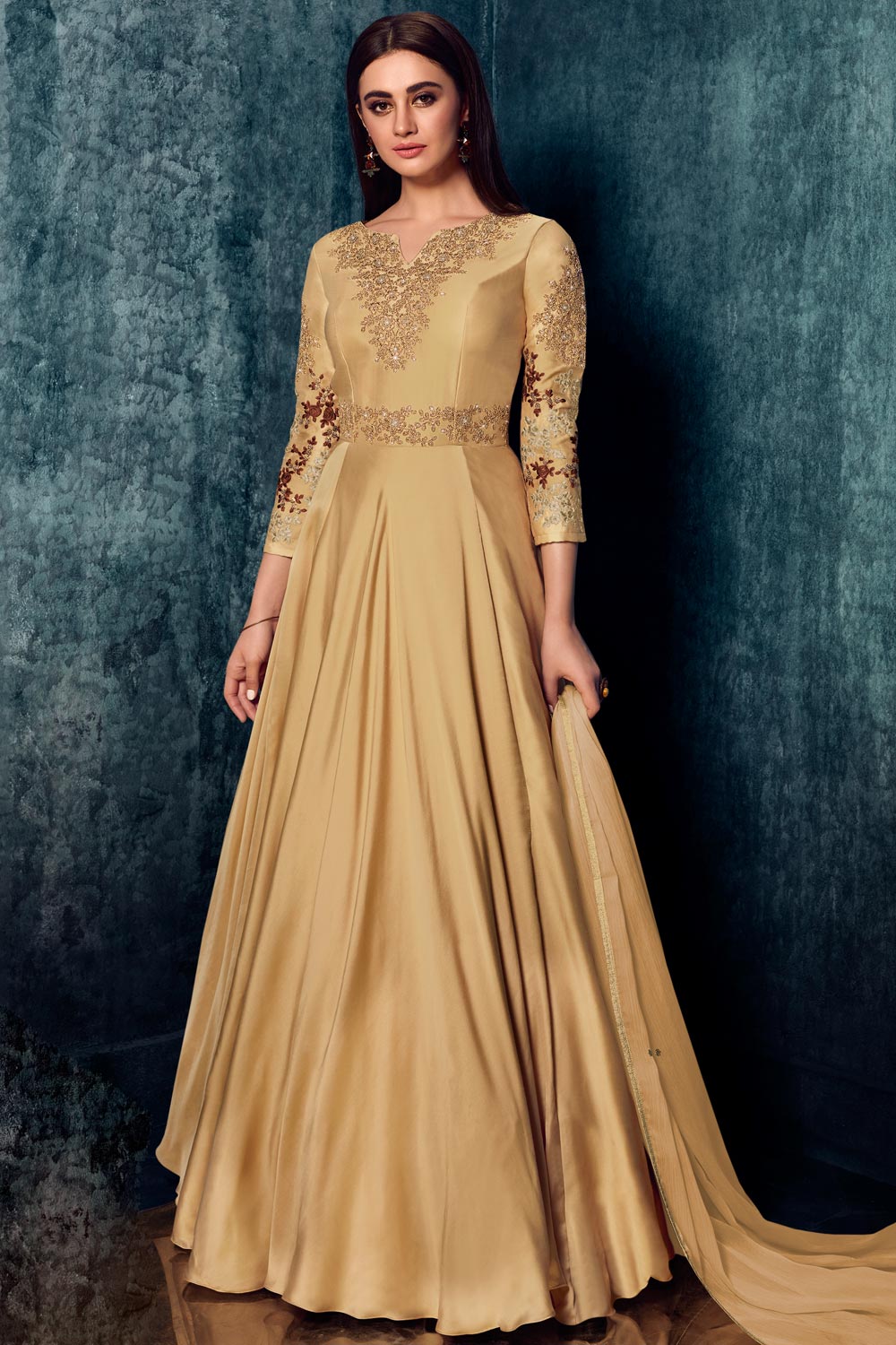 Ready To Wear Gold Beige Designer Satin Anarkali Dress With Dupatta