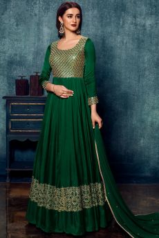 Ready To Wear Bottle Green Designer Satin Embellished Anarkali Dress With Dupatta