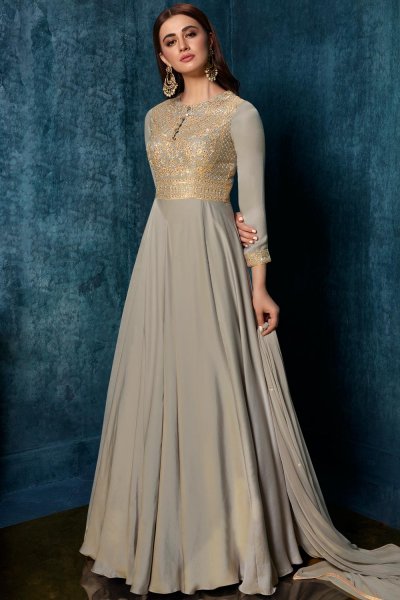 Ready To Wear Grey Designer Satin Embellished Anarkali Dress With Dupatta