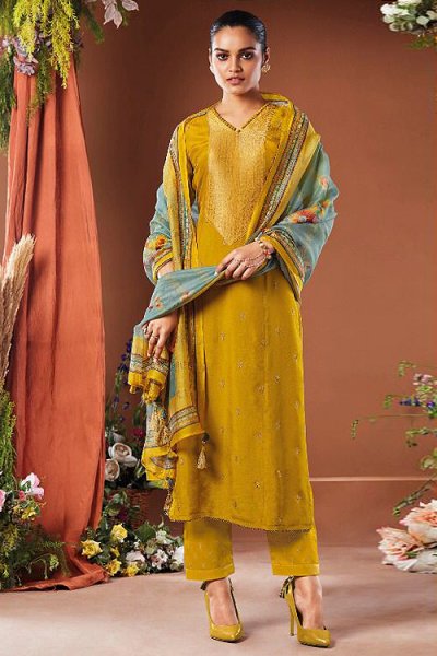 Ready To Wear Mustard Yellow Silk Embroidered Suit