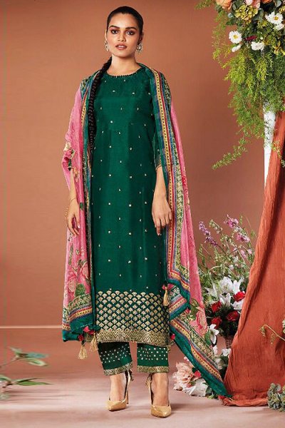 Ready To Wear Bottle Green Silk Embroidered Suit