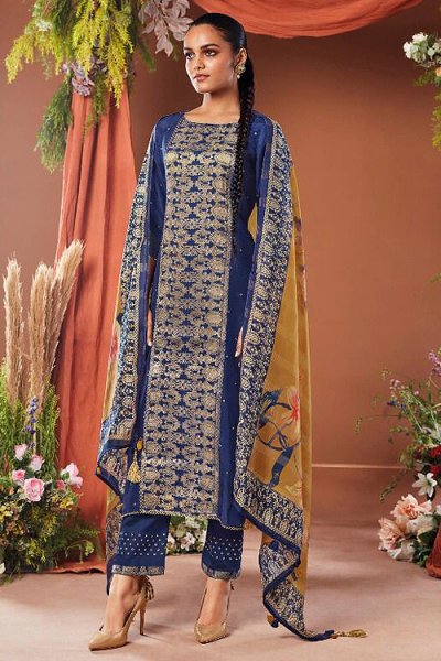 Ready To Wear Navy Blue Silk Embroidered Suit