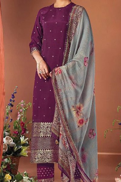 Plum Silk Embroidered Suit