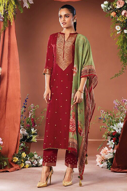 Deep Red Silk Embroidered Suit