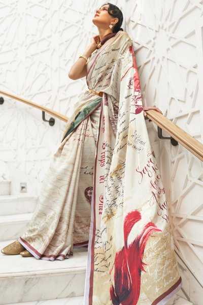 Cream  Silk Designer Slogan Printed Saree