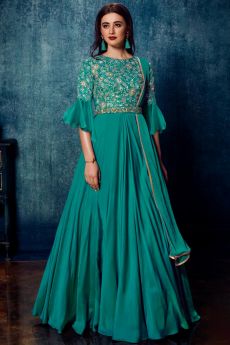 Ready To Wear Teal Designer Satin Embellished Anarkali Dress With Dupatta