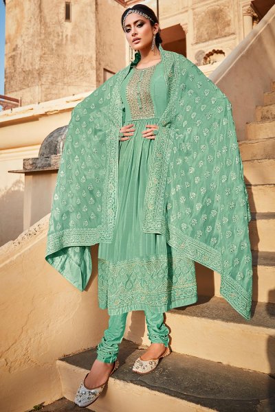 Buy Aqua Green Silk Embroidered 