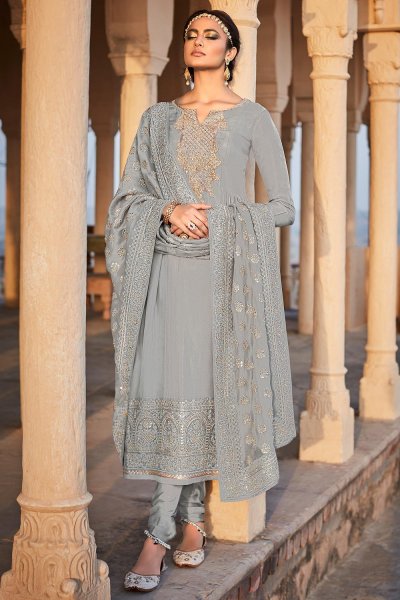 Grey Silk Embroidered Anarkali Suit Set