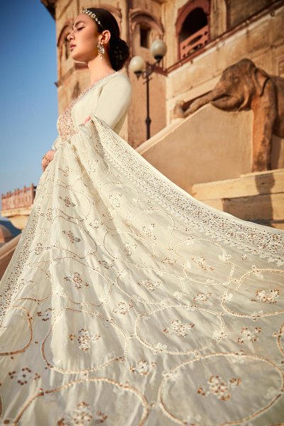 Pearl white / Off White Silk Embroidered Anarkali Suit set