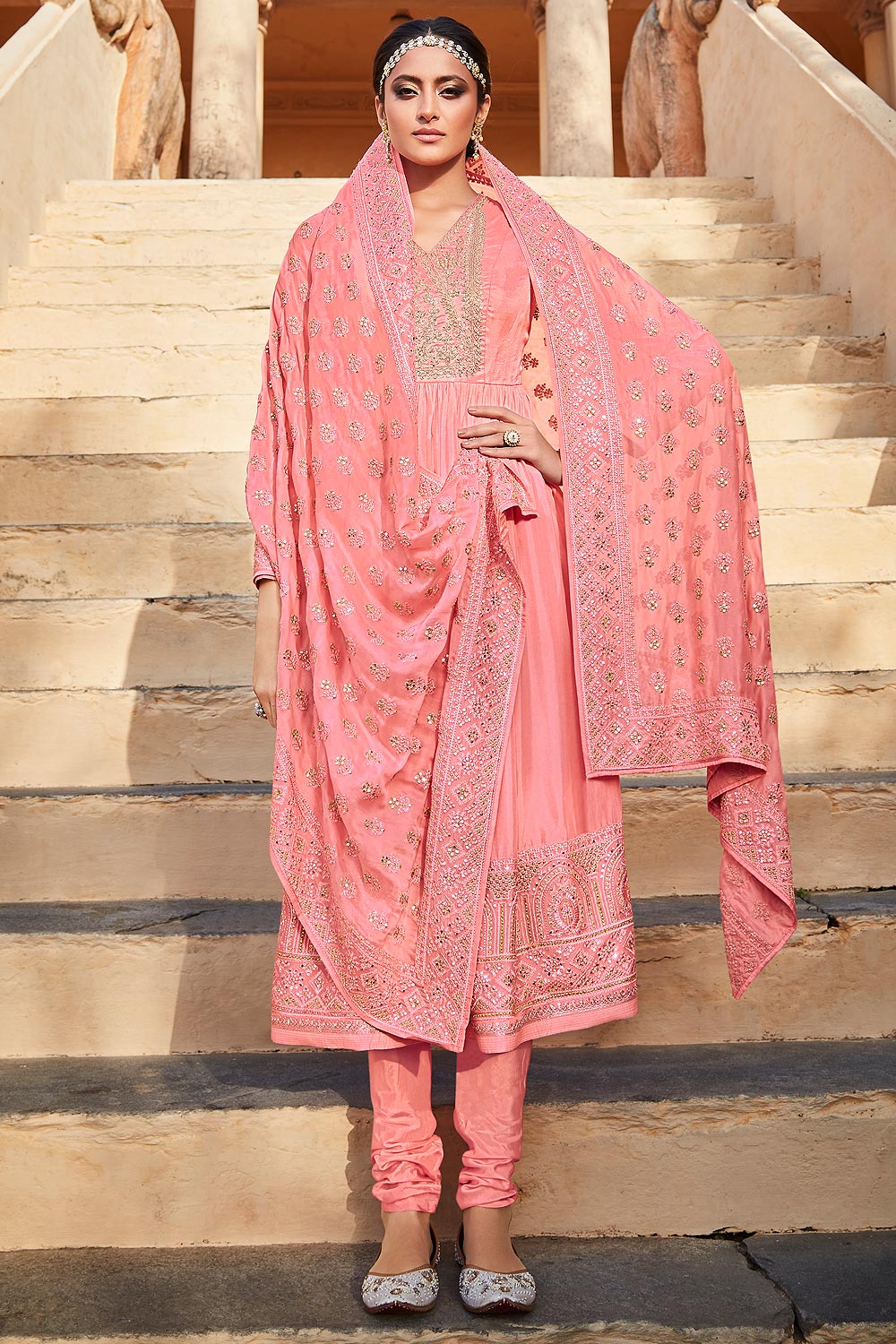 Peach Pink Silk Embroidered Anarkali Churidar Suit