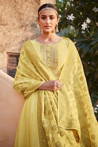 Yellow Silk Embroidered Anarkali  Suit