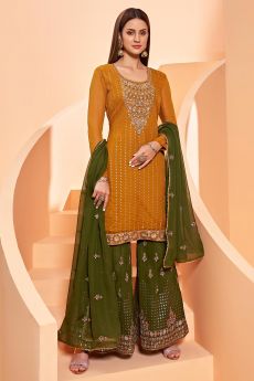Mustard Yellow Georgette Embellished Sharara Suit