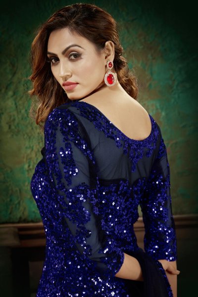 Navy Blue Net Sequined Embellished Anarkali Dress With Dupatta
