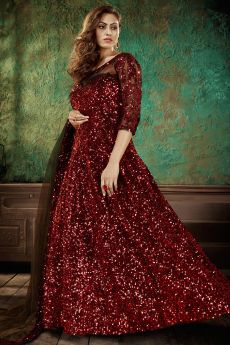 Red Net Sequined Embellished Anarkali Dress With Dupatta