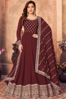Maroon Georgette Embroidered Anarkali With Dupatta