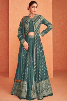 Teal Blue Georgette Embroidered Lehenga With Jacket And Dupatta