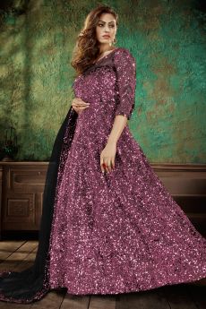 Dusty Purple Net Sequined Embellished Anarkali Dress With Dupatta
