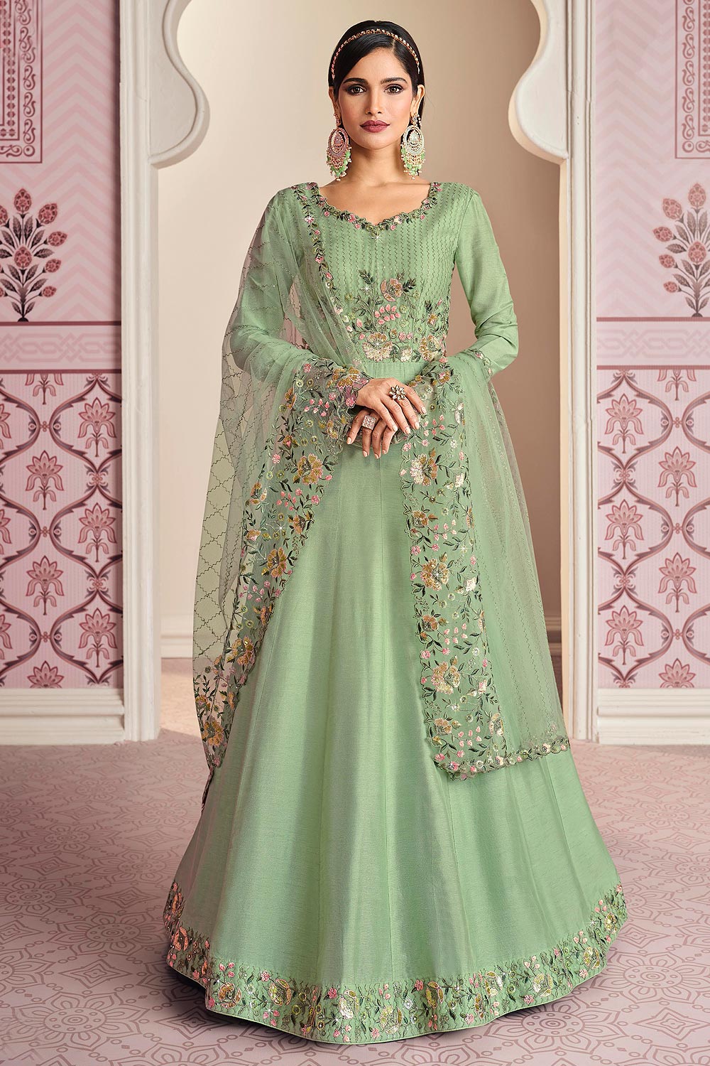 Pastel Green Silk Embroidered Anarkali With Dupatta