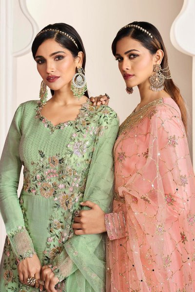 Pastel Green Silk Embroidered Anarkali With Dupatta
