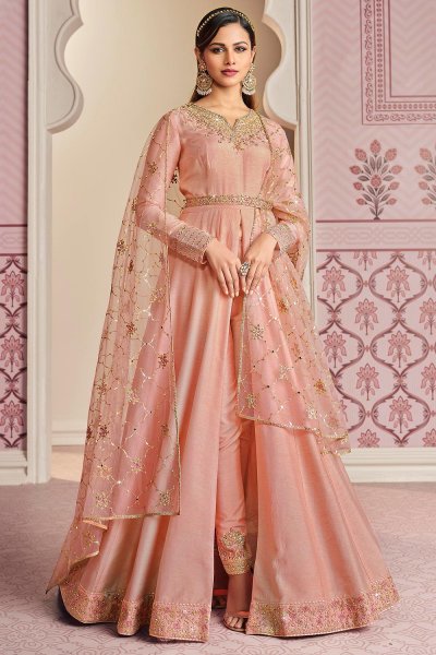 Blush Pink Silk Embroidered Anarkali With Dupatta