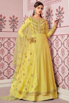 Yellow Silk Embroidered Anarkali With Dupatta