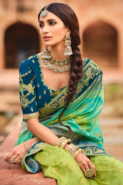 Green Multicoloured Banarasi Silk Embellished Saree