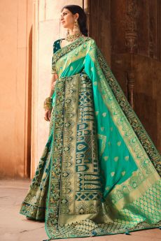 Aqua Green Banarasi Silk Embellished Saree