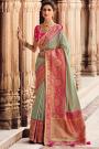Aqua Green & Pink Zari Weaved Banarasi Silk Saree